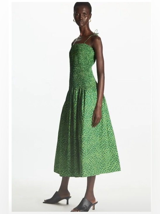 COS Dresses & Skirts - COS Green Smocked Sleeveless Midi Dress Straps Summer size M excellent condition
